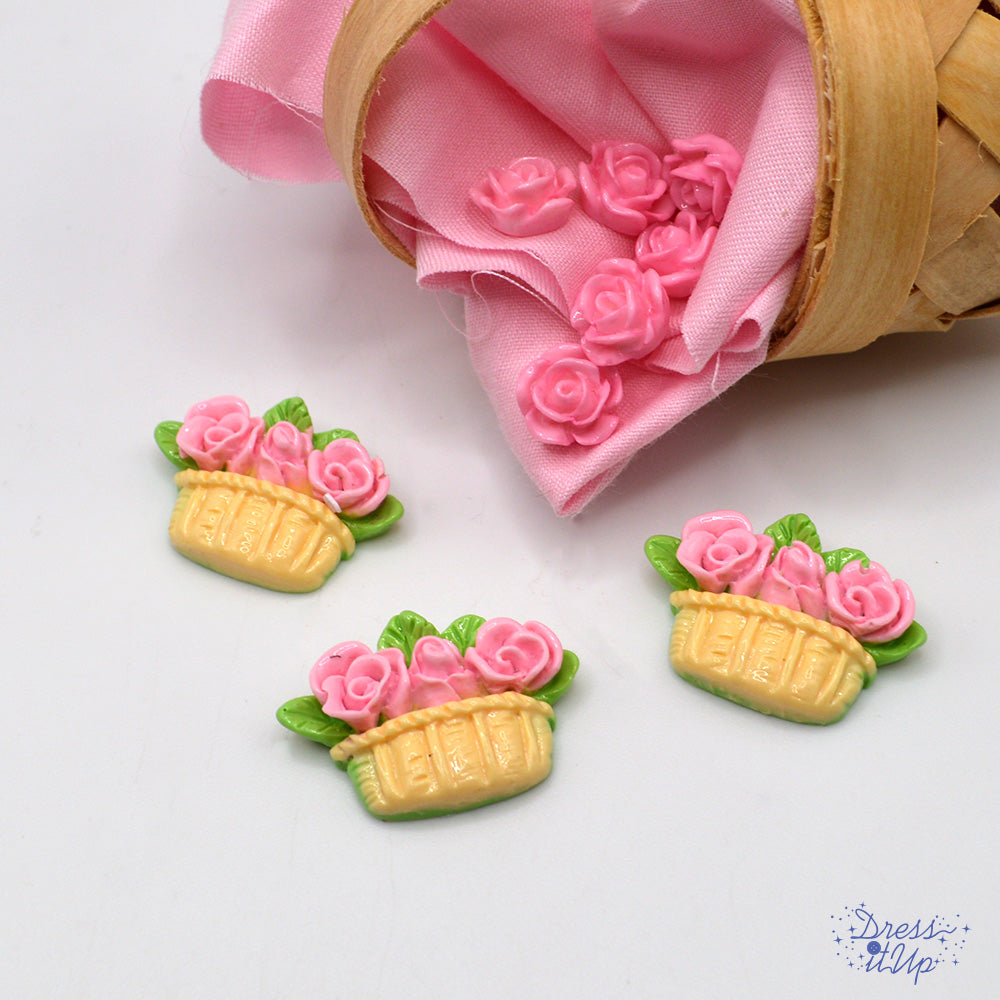 Flat-back button embellishments pack of pink roses and a tan basket with pink roses and green leaves