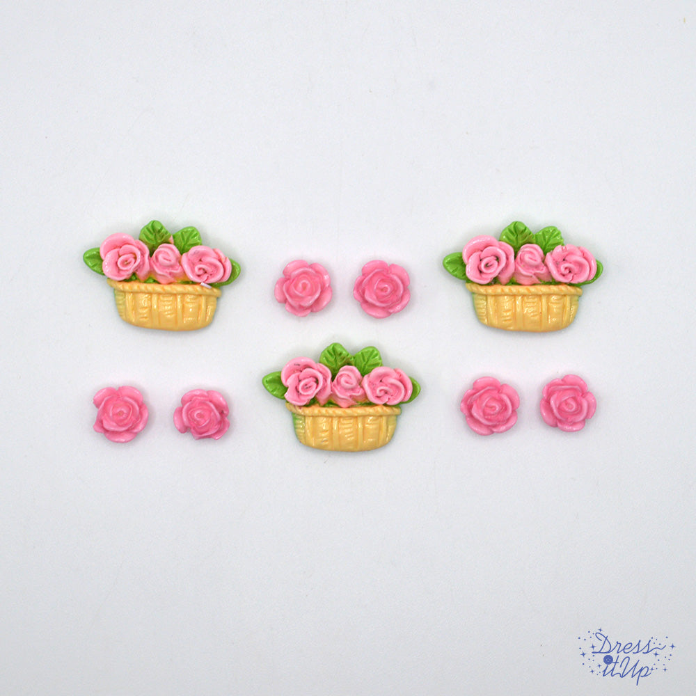 Flat-back button embellishments pack of pink roses and a tan basket with pink roses and green leaves