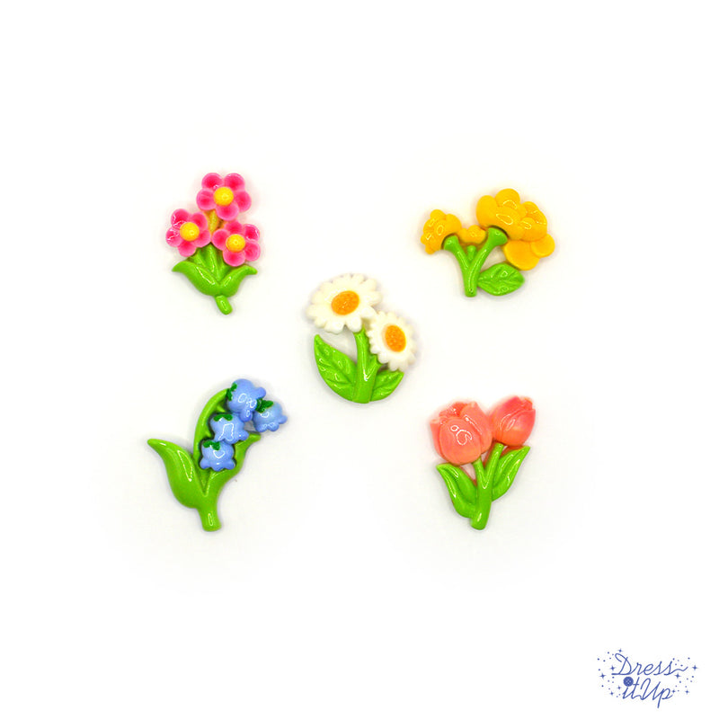 5 flat-back button embellishments pack with garden flowers, tulips, bluebells, daisies, primrose, yellow begonias