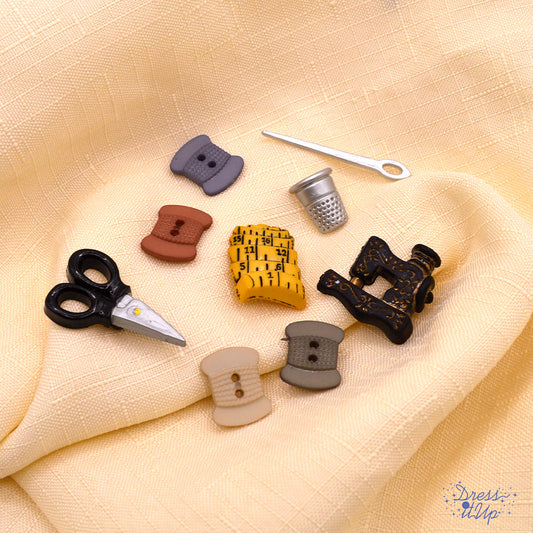 9 sew-thru, shank and flat-back button embellishments pack with vintage sewing machine, spools, needle, scissors, measuring tape