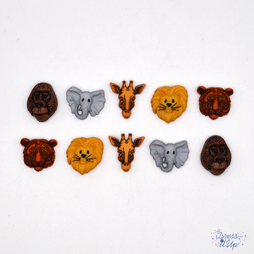 10 shank-back button embellishments pack with realistic giraffe, elephant, gorilla, tiger, lion