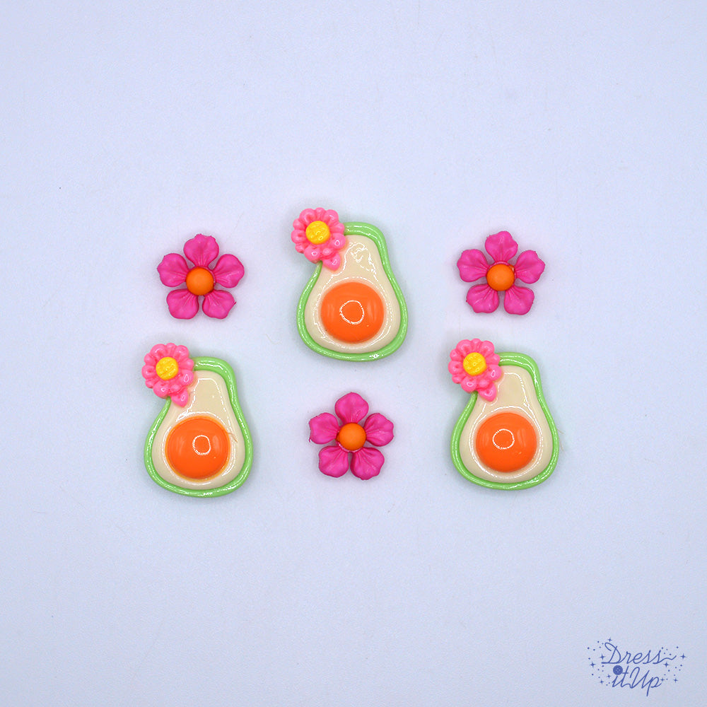 6 shank and flat-back button embellishments pack with 3 avocados and 3 pink flowers