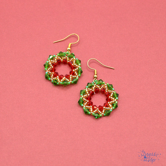 Christmas glass bead dangle earrings in a red, green, gold wreath