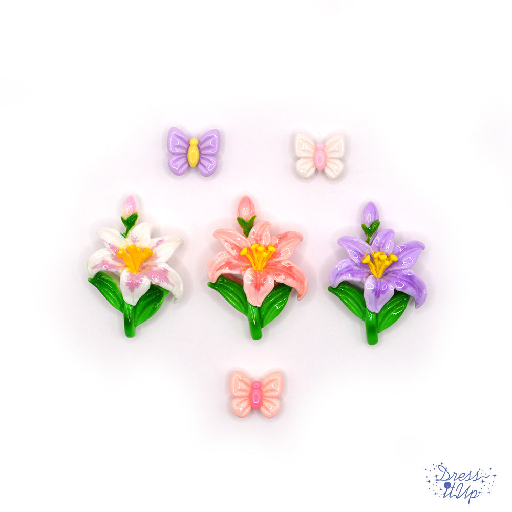 6 flat-back resin button embellishments pack with pastel white, purple, pink flowers and butterflies