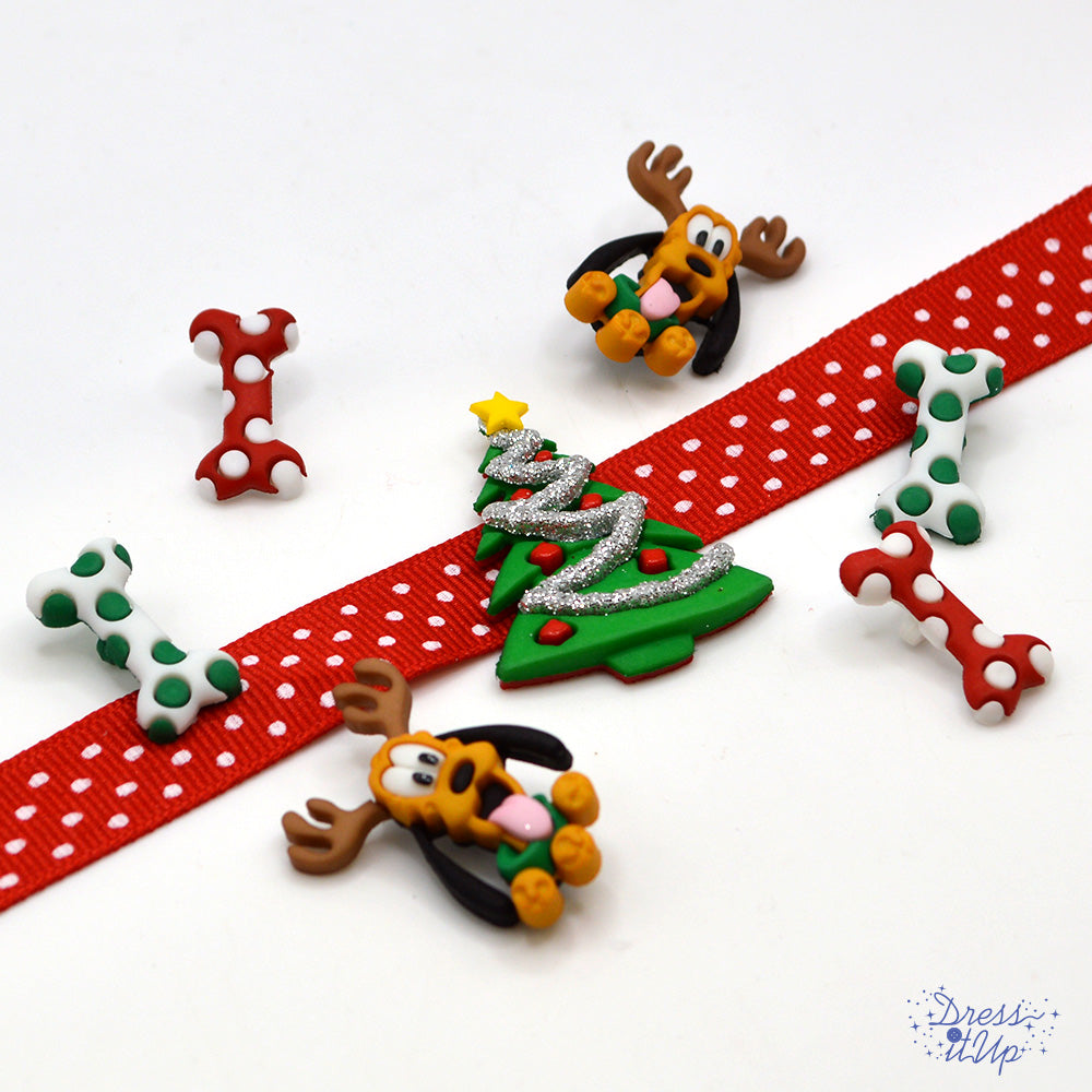 Christmas shank-back button embellishments pack with Mickey Mouse Pluto, Christmas tree, polka dot red and green dog bones