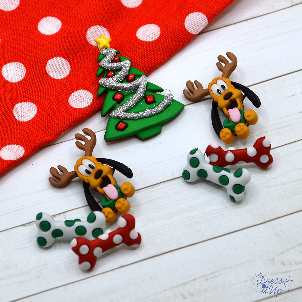 Christmas shank-back button embellishments pack with Mickey Mouse Pluto, Christmas tree, polka dot red and green dog bones