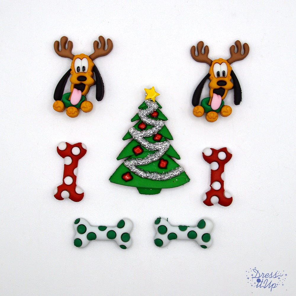 Christmas shank-back button embellishments pack with Mickey Mouse Pluto, Christmas tree, polka dot red and green dog bones