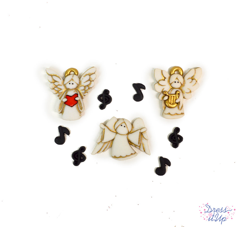 Button pack with flat-back and shank-back embellishments with 3 off white choir angels and black musical notes