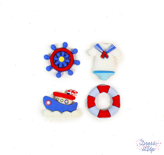 4 flat-back resin button embellishments pack with baby boy sailor toys with a blue pirate sheep wheel, sailor onesie, tug boat, lifebuoy