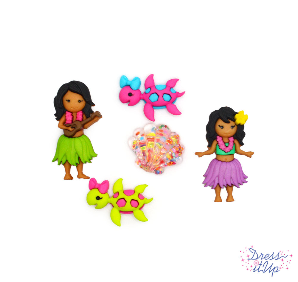 5 shank-back button embellishments pack with 2 hula girls, 2 colorful turtles, an iridescent seashell