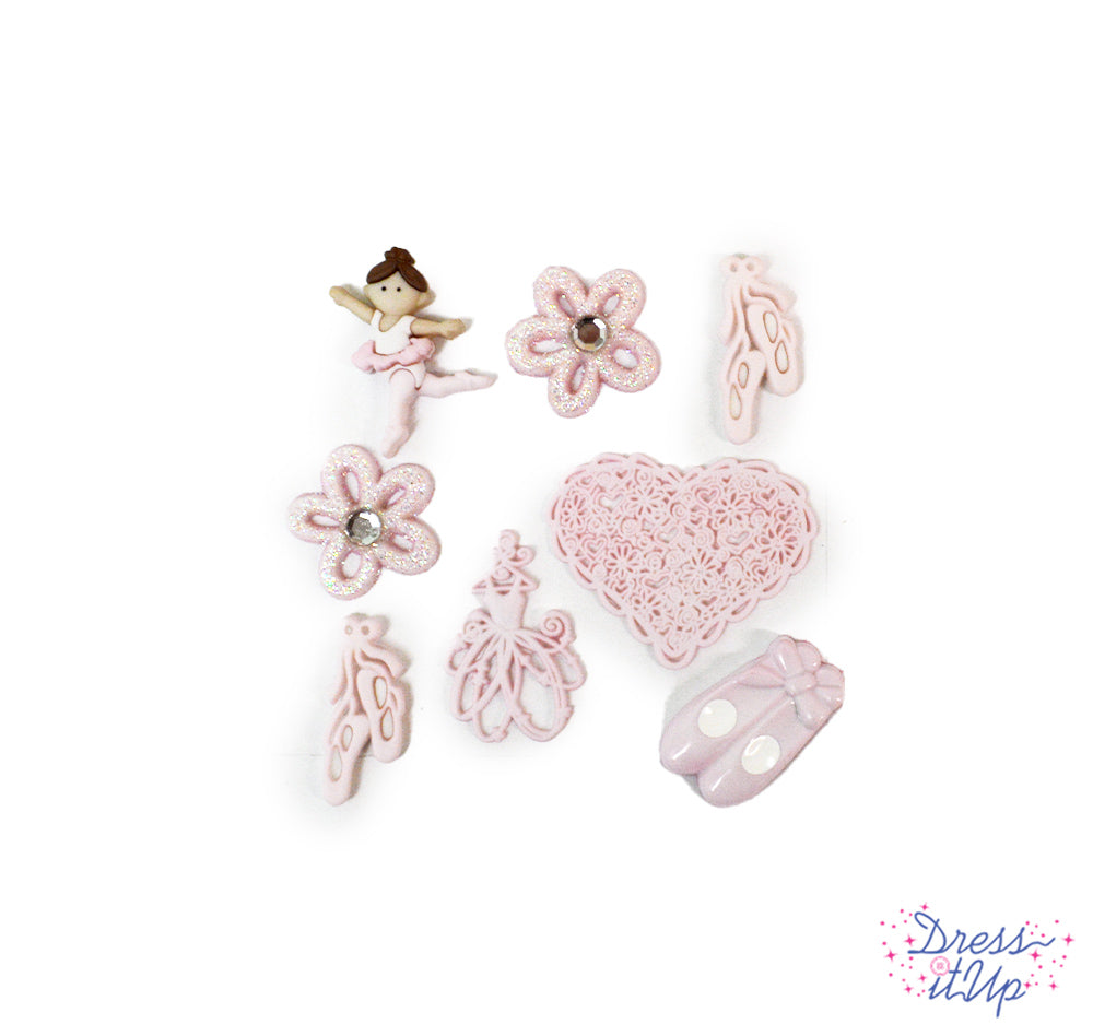 8 flat-back and shank-back button embellishments pack with pink glitter flowers, 3 pointe shoes, lace heart, brunette ballerina