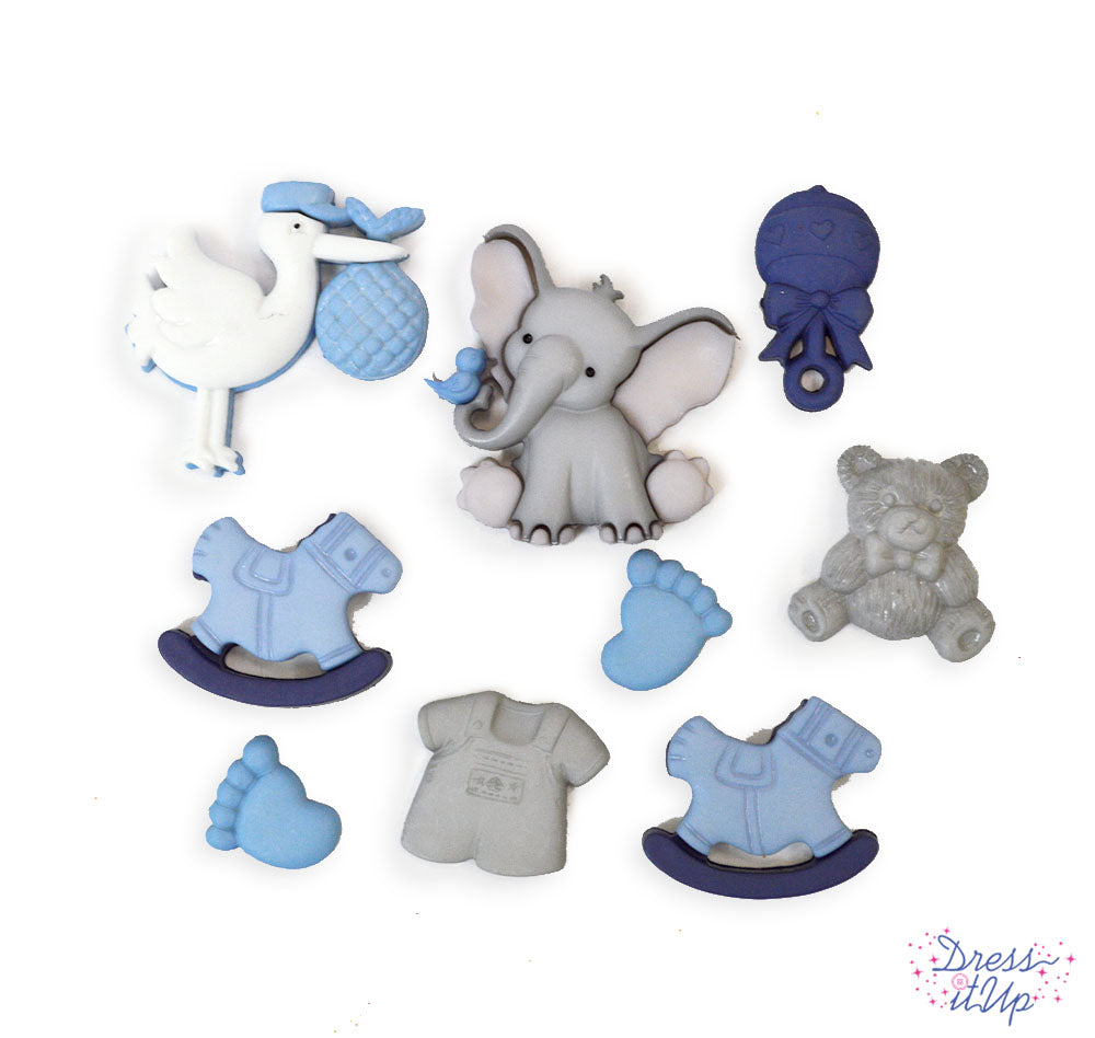 9 shank-back button embellishments pack with blue and gray baby boy toys stork, elephant, shaker, rocking horse, baby feet, overalls, stuffed bear