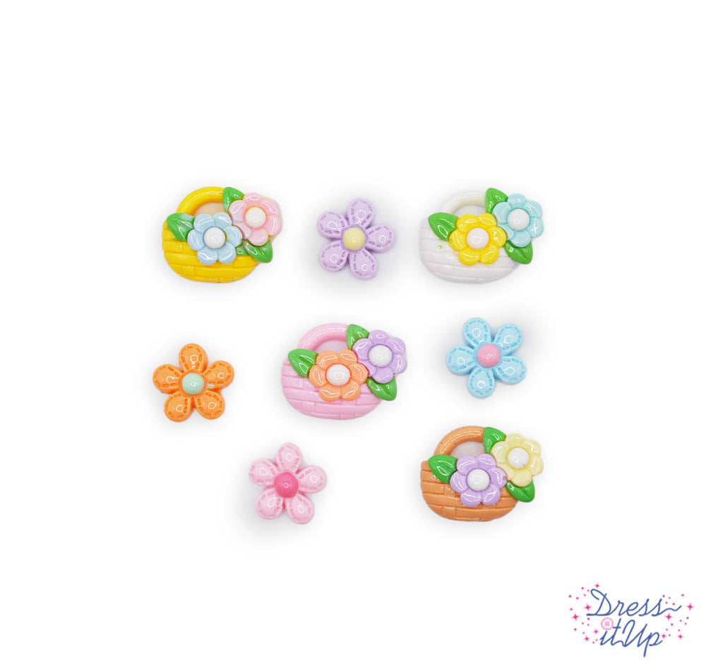 8 flat-back resin button embellishments pack with pastel colored flower baskets and stitched flowers