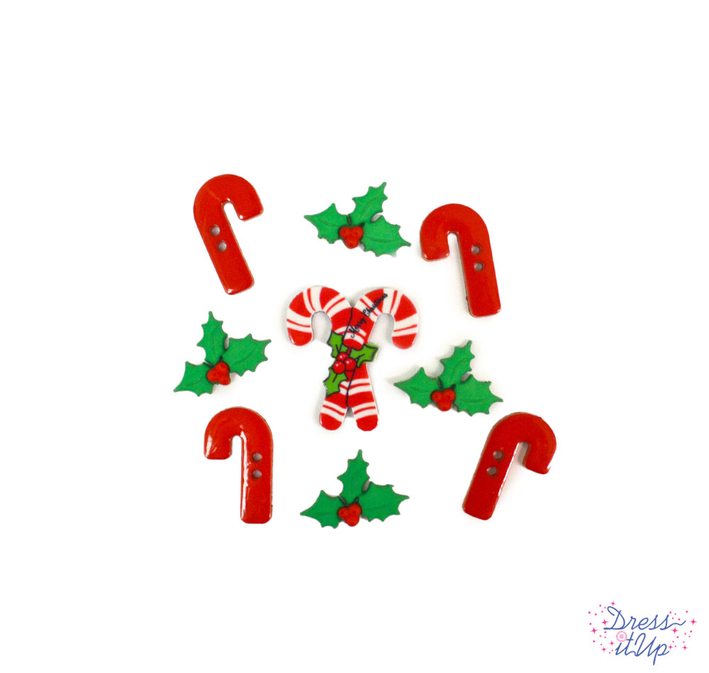 Candy Cane Lane Holiday Candy Canes Holly Button Pack