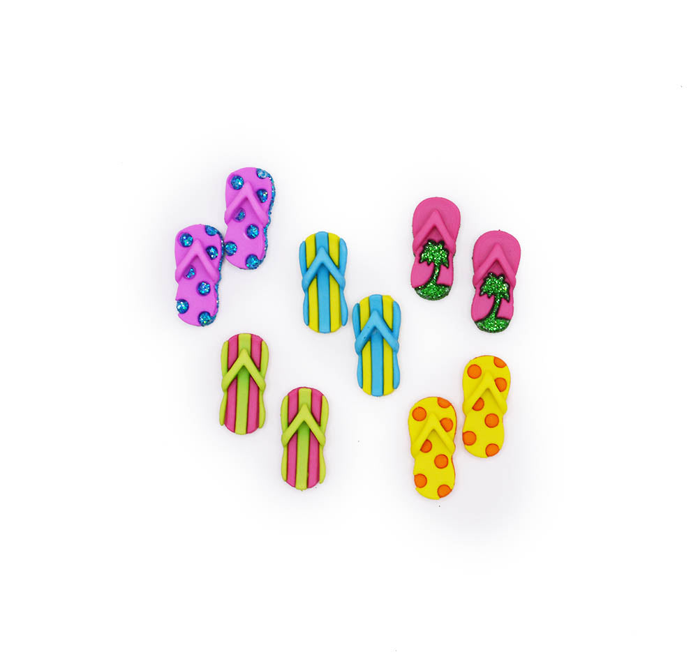 10 flip flop themed craft buttons in bright colors and glitter patterns