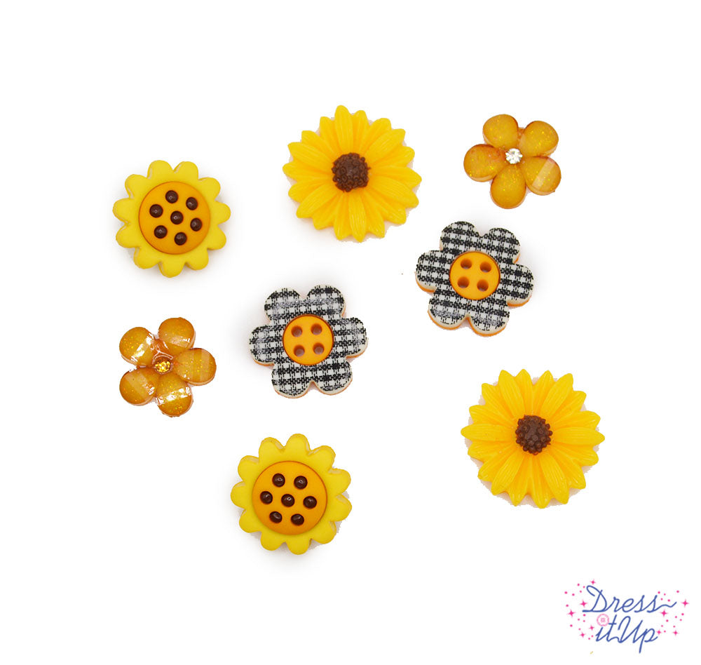 8 shank and flat-back button embellishments pack with sunflowers, yellow glitter resin flowers, black and white plaid flowers, yellow flowers