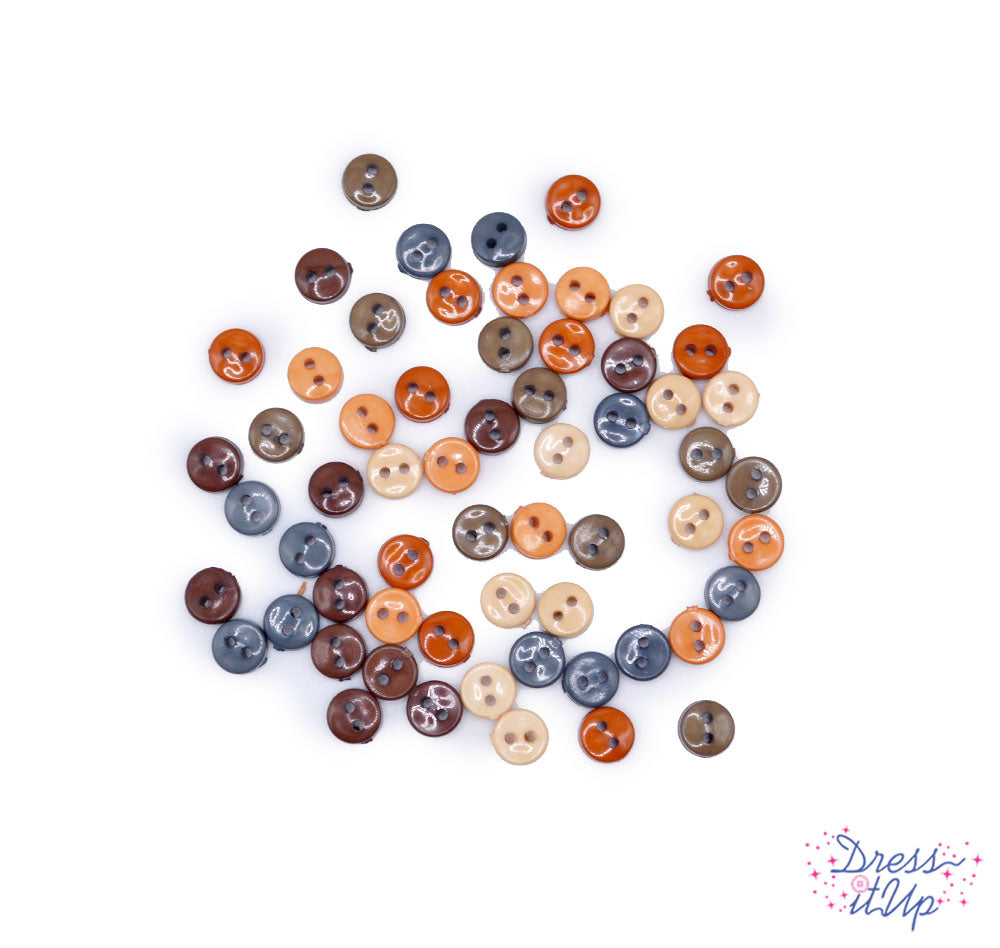 20 sew-thru button embellishments pack with small round autumnal blue, dark brown, light brown, rust, tan colors