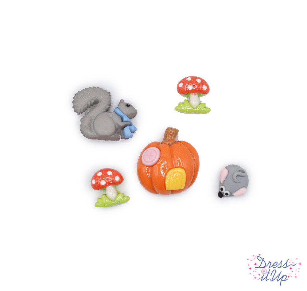 5 shank and flat-back button embellishments pack with 2 mushrooms, squirrel, mouse, pumpkin house