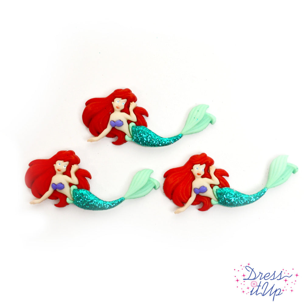 3 shank-back button embellishments pack with glitter ariel swimming