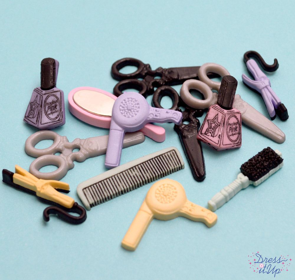 60s hair salon button pack with flat-back and shank-back embellishments with curling irons, scissors, hair dryers, nail polish, hair brush, comb