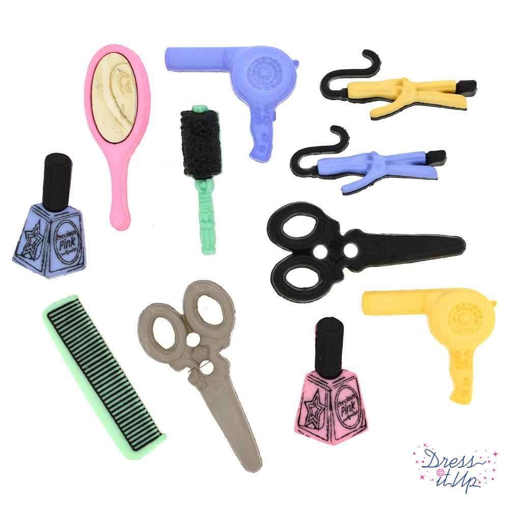 60s hair salon button pack with flat-back and shank-back embellishments with curling irons, scissors, hair dryers, nail polish, hair brush, comb