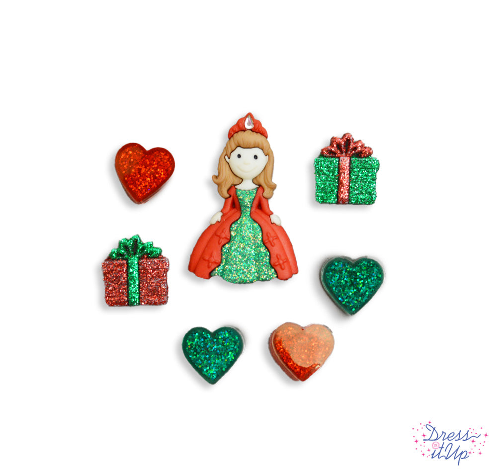 Christmas shank-back and flat-back button embellishments pack with glittery Christmas princess, glitter red and green presents and hearts