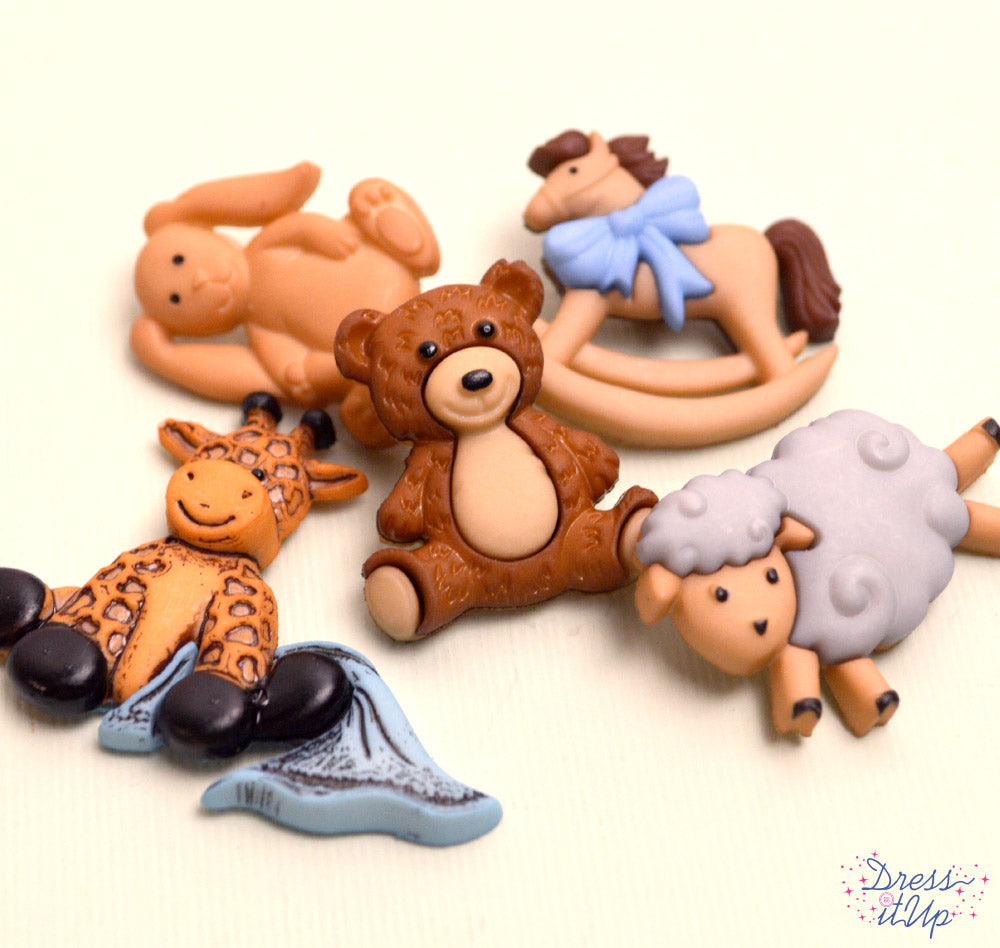 5 shank-back button embellishments pack with baby boy toys with giraffe with a blanket, stuffed bunny, stuffed teddy bear, rocking horse, sheep