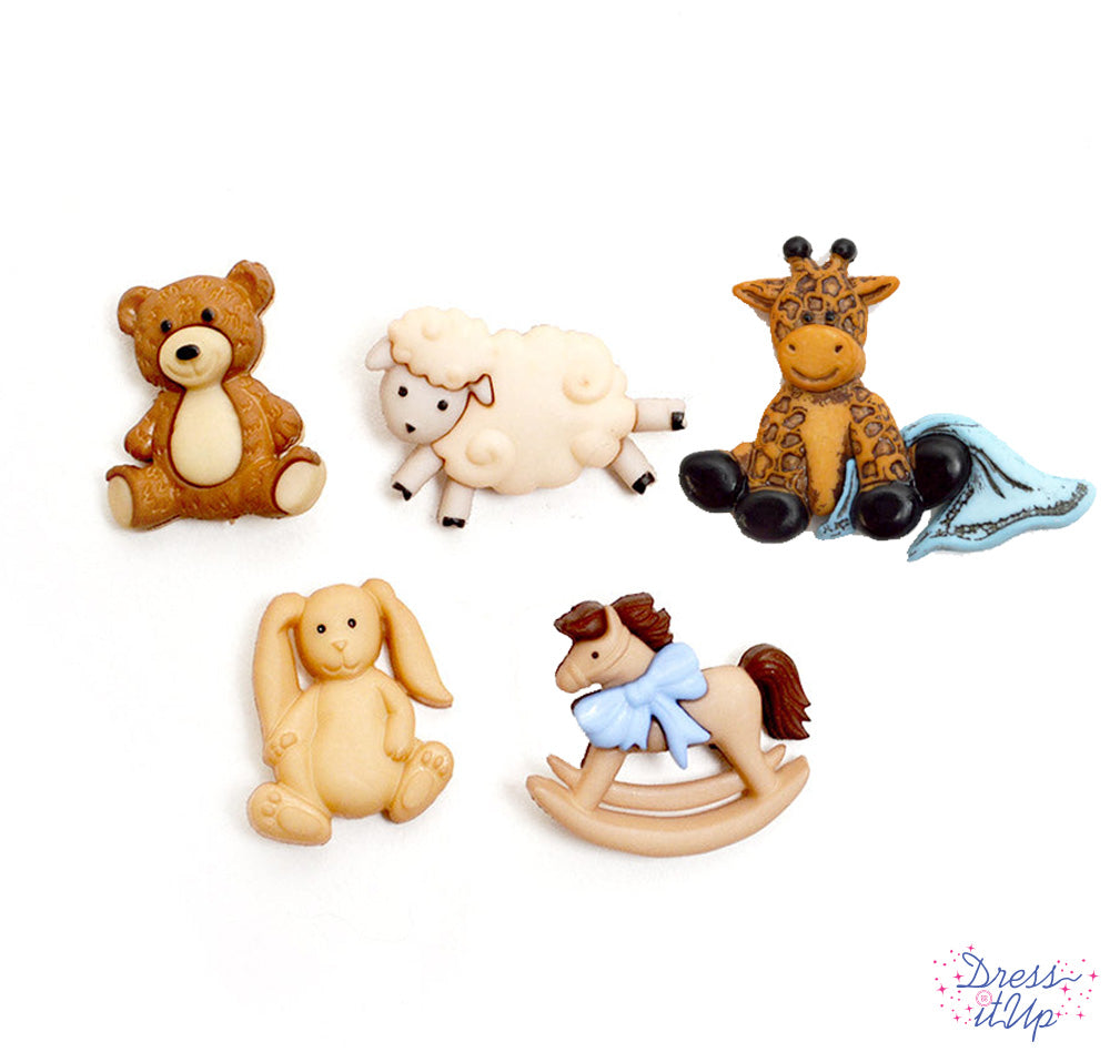 5 shank-back button embellishments pack with baby boy toys with giraffe with a blanket, stuffed bunny, stuffed teddy bear, rocking horse, sheep