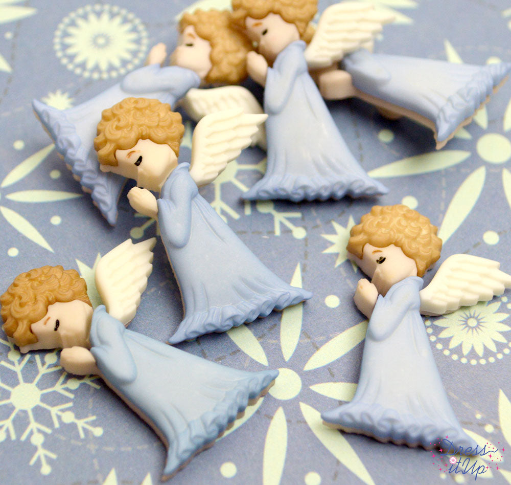 6 shank-back button embellishments pack with praying angels in light blue