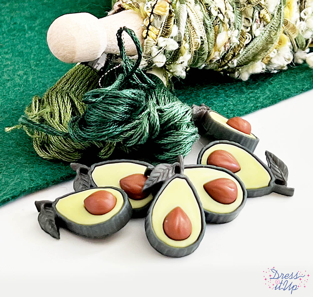 6 shank-back button embellishments pack with realistic avocados