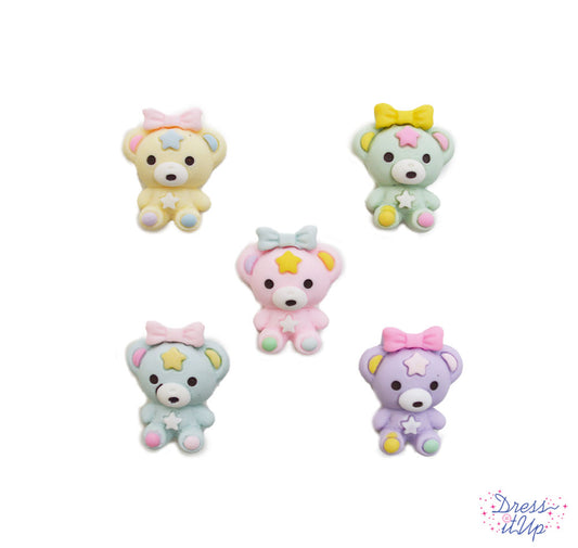 5 flat-back resin button embellishments pack with cute yellow, green, blue, pink, purple stuffed bears