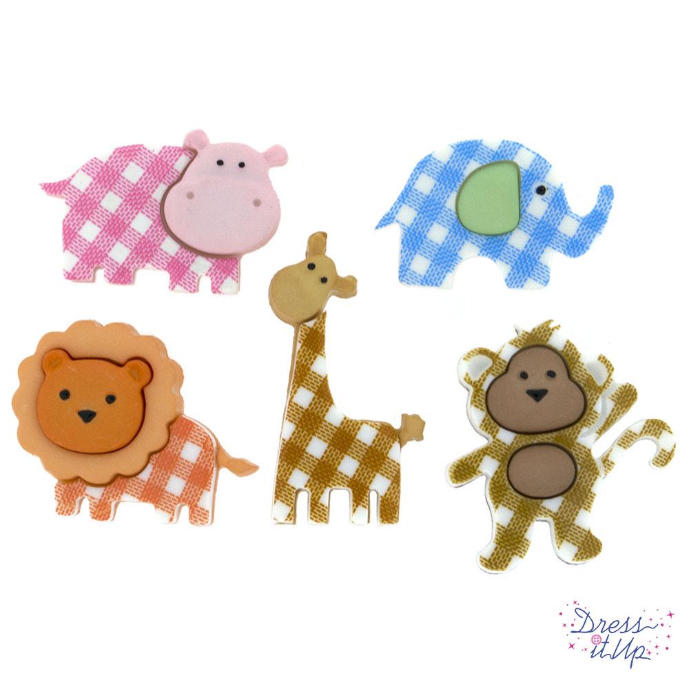 5 shank-back button embellishments pack with plaid animals, pink hippo, blue elephant, orange tiger, brown giraffe, tan monkey