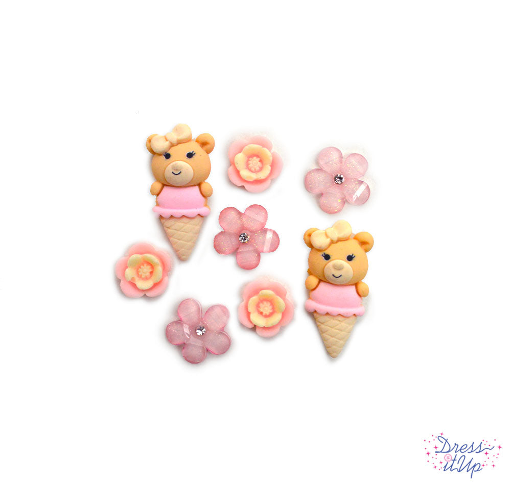 8 flat-back resin button embellishments pack with cute pink bear ice cream cones, pink iridescent flowers, pink and white flowers