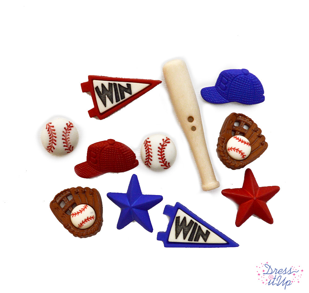 11 shank-back and sew-thru button embellishments pack with red and blue baseball caps, baseballs, catcher’s mitt, stars, win banners, and bat