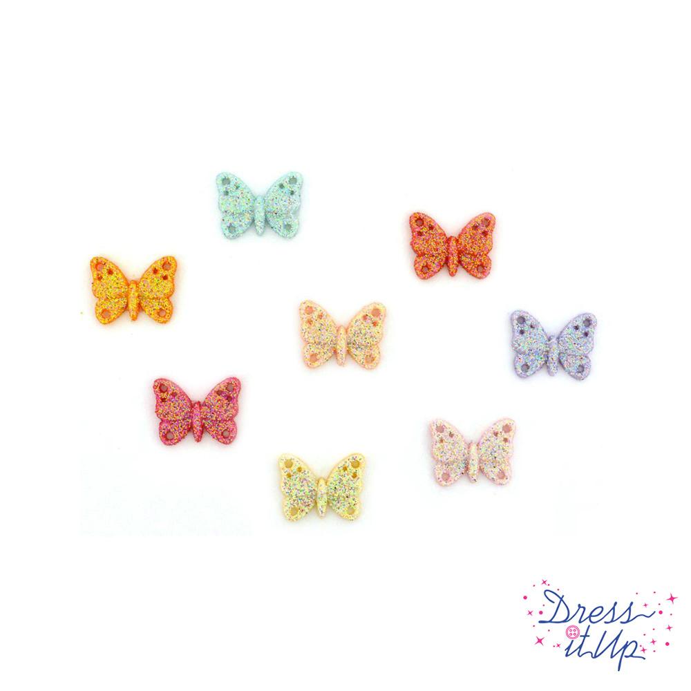 Eight pastel glitter butterfly shank buttons for sewing a crating hobbies