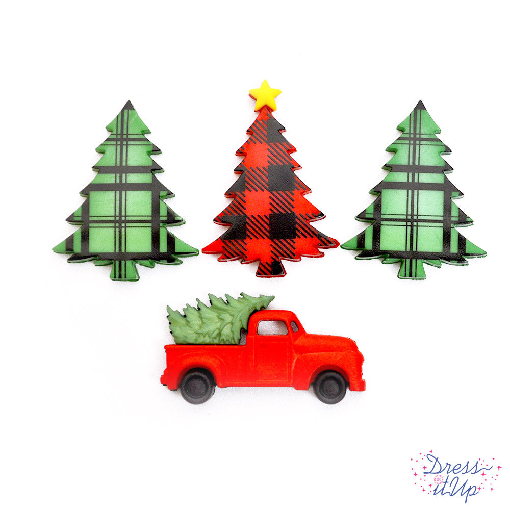 Three plaid trees and one classic red christmas truck loop back button for embellishing clothing and christmas crafts