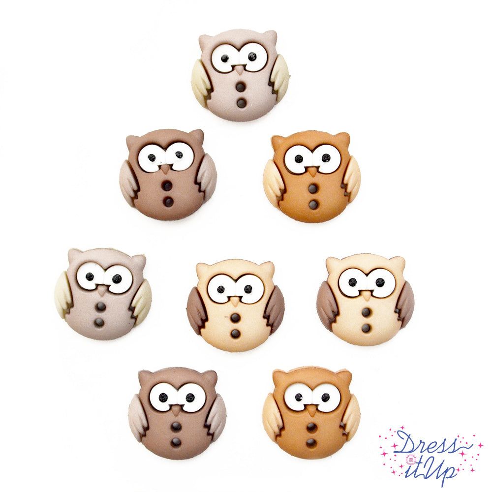 Pack of two hole owl shaped brown buttons for sewing and crafting