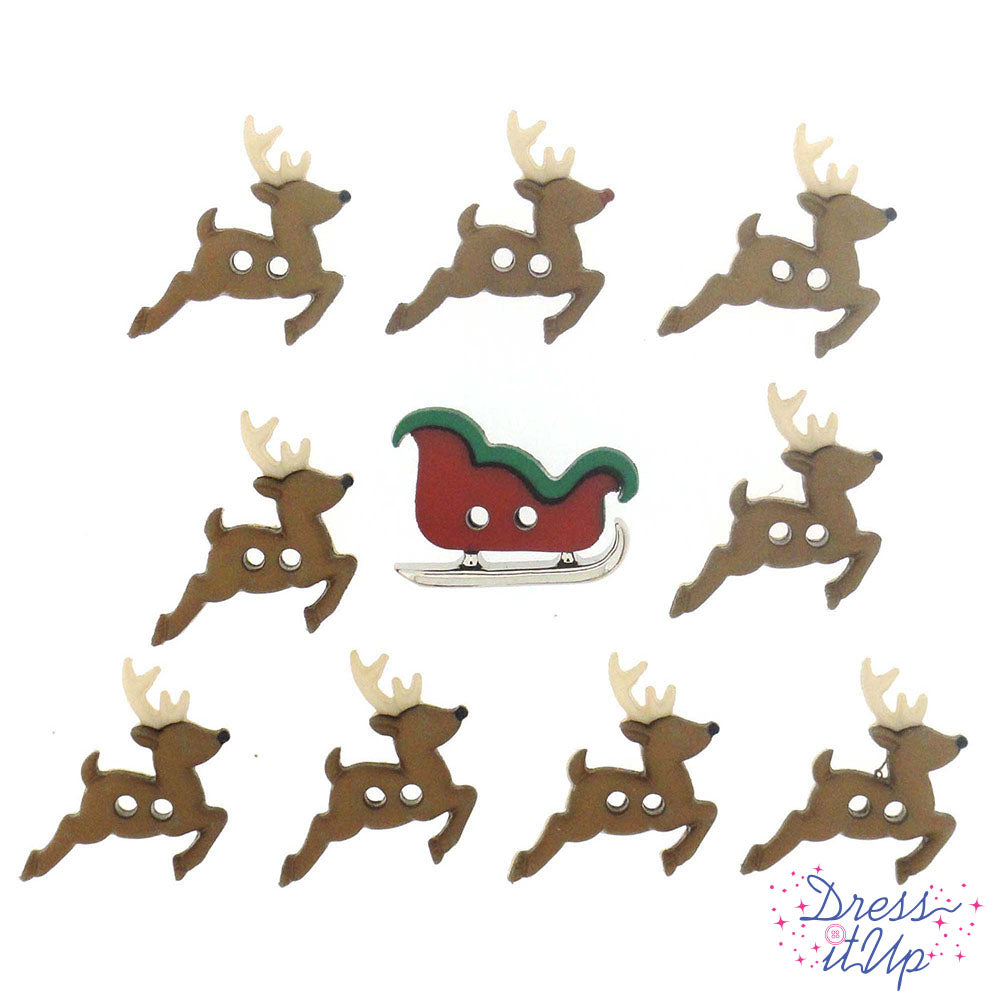 pack of two-hole sewing buttons in the shape of reindeer and Santa sleigh. For christmas sewing projects