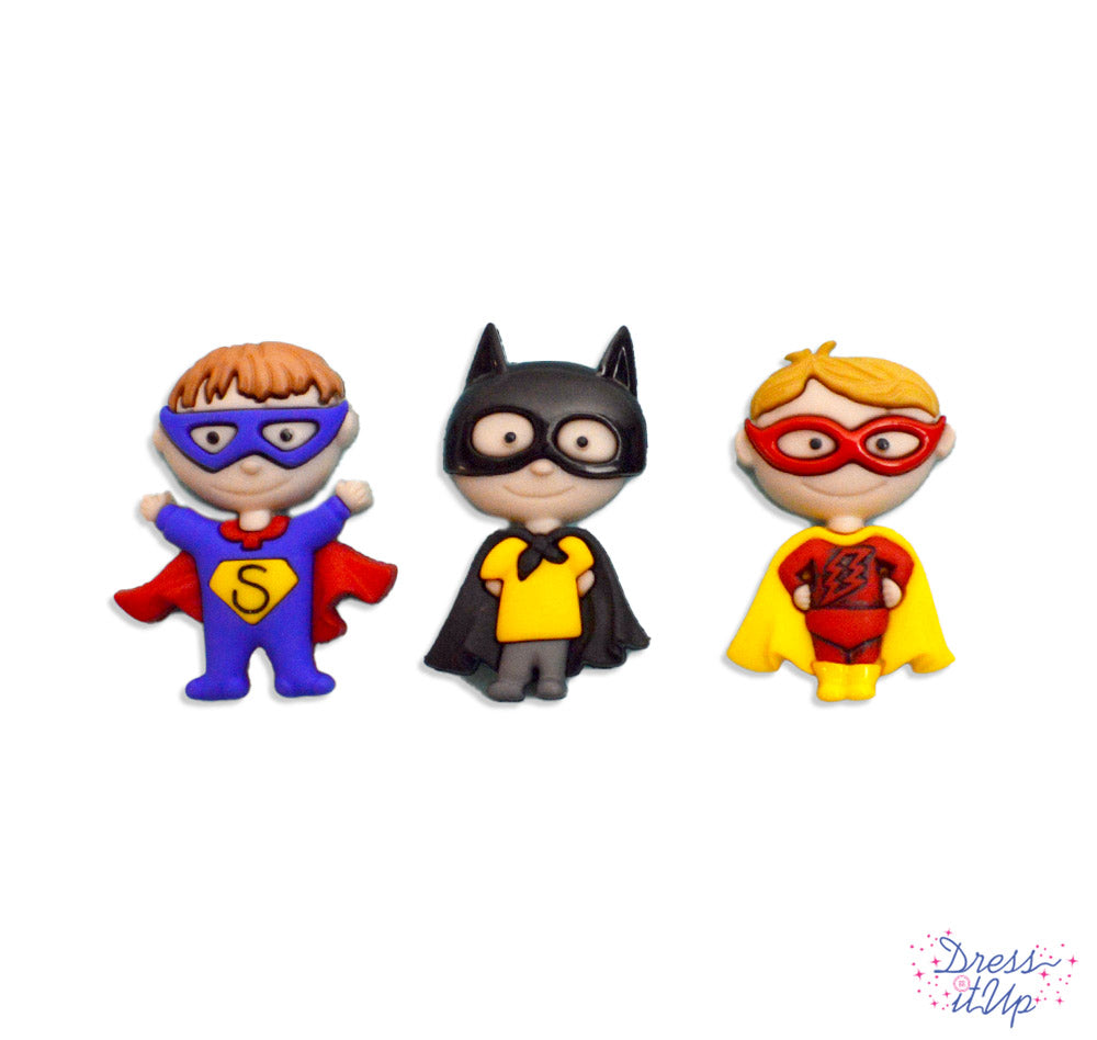 3 shank-back button embellishments pack with boys dressed as superman, batman, the flash